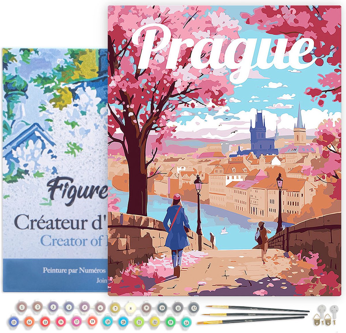 FiguredArt Schilderen op Nummer Volwassenen met lijst Reisposter Praag in Bloei - Handwerk acrylverf Kit DIY Compleet - 40x50cm Canvas al ingelijst